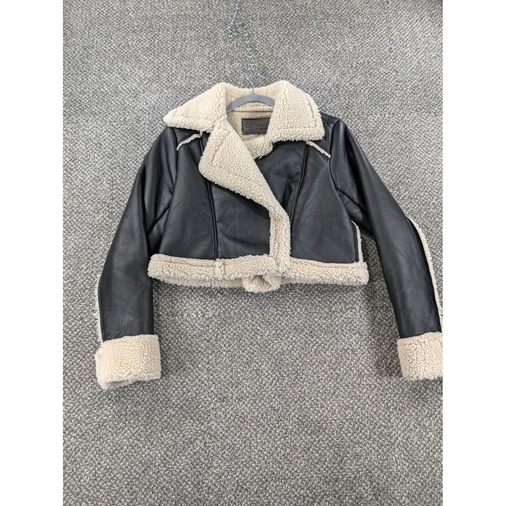 Ci Sono by Cavalini Black Faux Leather Cropped Shearling Biker Jacket Small